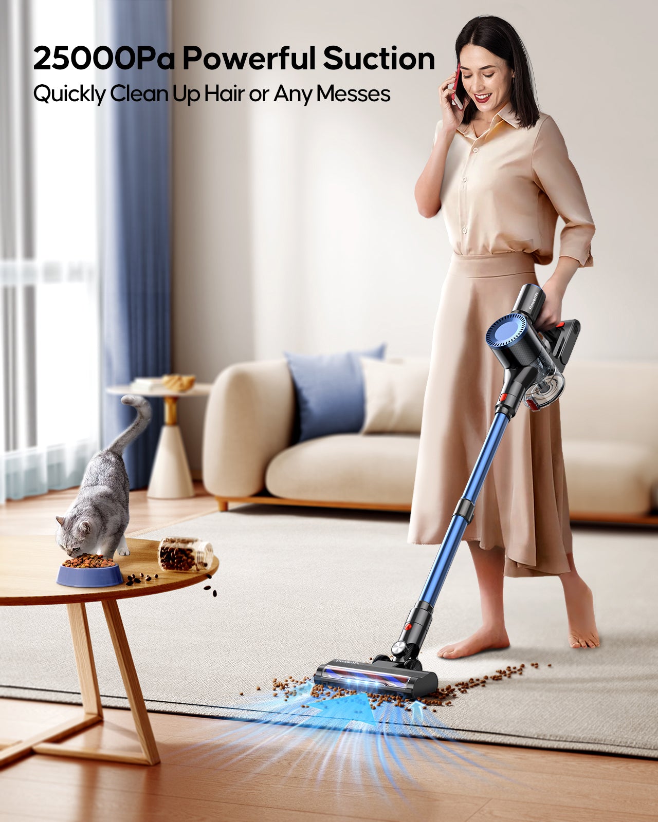 Powerffy 400W 30Kpa Cordless Vacuum Cleaner 45 mins Rechargeable Stick Vacuum with 1.2 L Dust Cup 80000Rmp Powerful Motor Handheld Stick Vacuum for